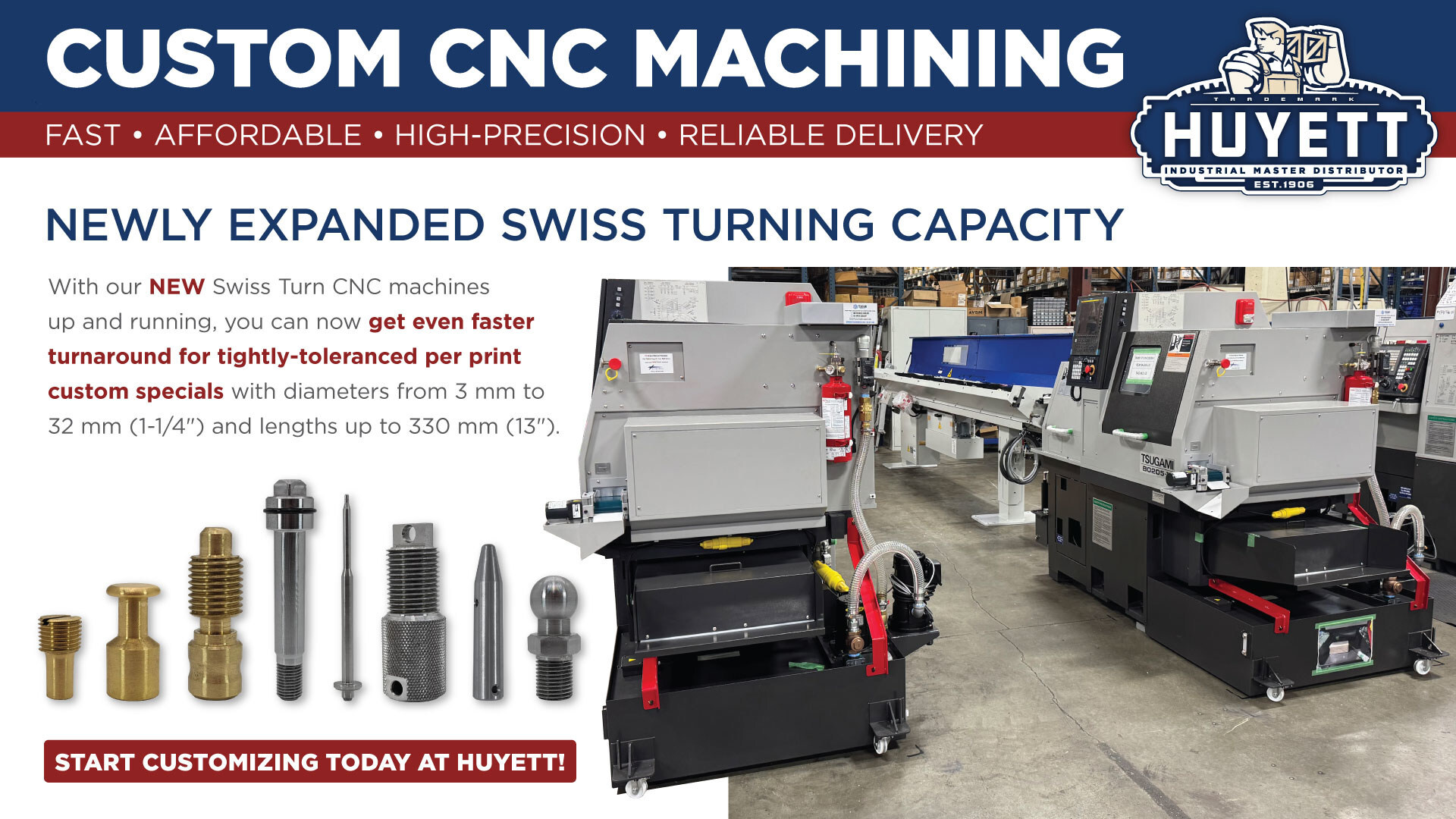 Huyett’s Swiss Lathes Meet Custom and Precision Manufacturing Needs